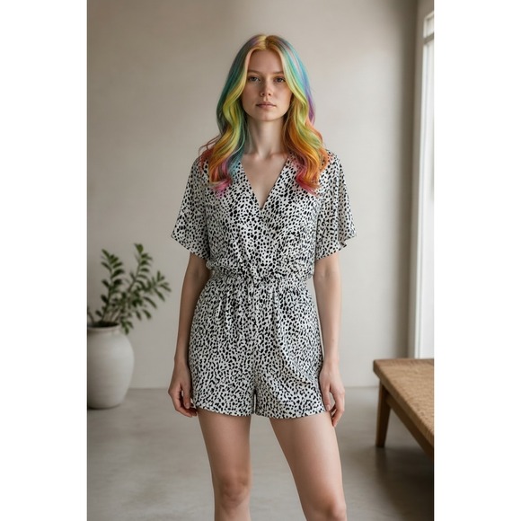 PrettyGarden Pants - PRETTYGARDEN Womens Dalmatian Short Sleeve Romper White Black Size M